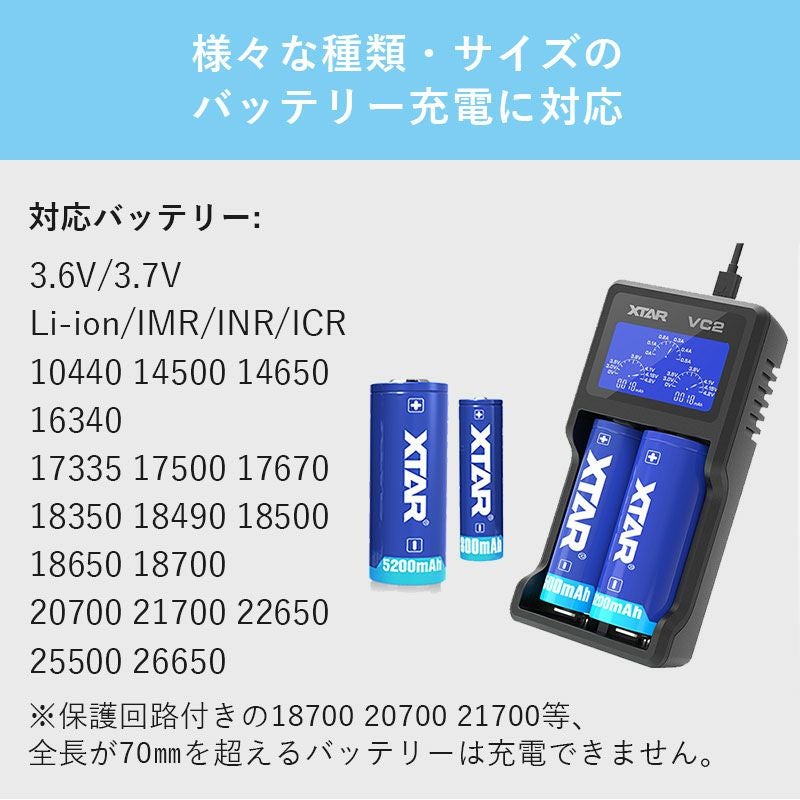 リチウムイオン充電器 2スロット 各種電池対応 XTAR エクスター VC2