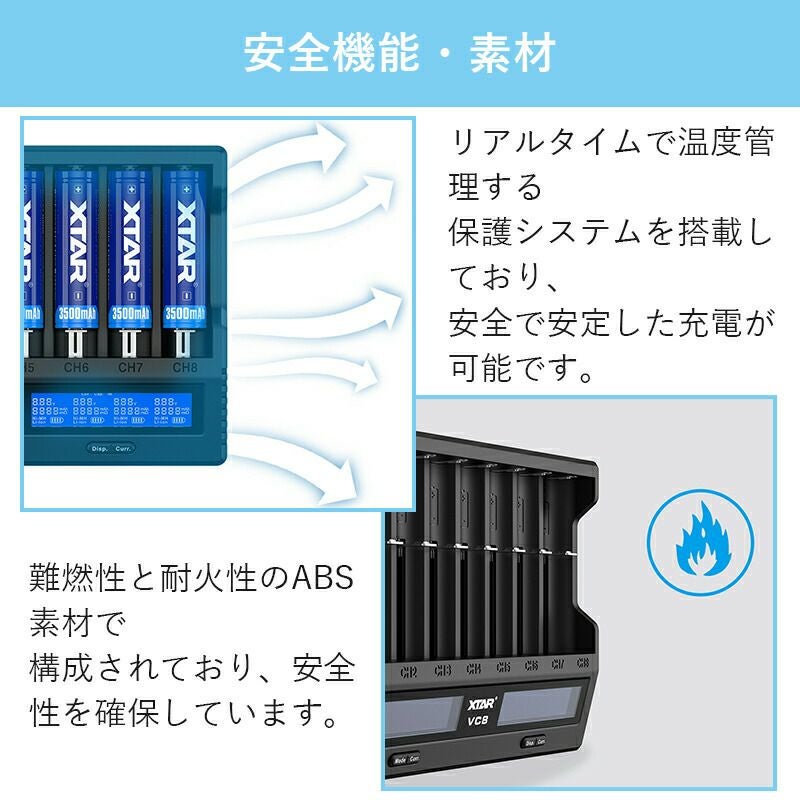 リチウムイオン電池急速充電器XTARVC8エクスター1865014500バッテリー等マルチサイズ8本高速同時充電USB充電液晶ディスプレイ付きニッケル水素電池Li-ionQC3.0水中ライトベイプ