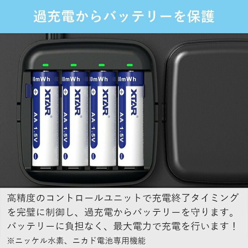 単3単4充電池充電器XTARBC4ニッケル水素リチウムイオンエクスターモバイルバッテリー機能ポータブル充電器Li-ionNI-MHバッテリー4本高速同時充電USB充電Type-C小型コンパクト旅行AAAAA