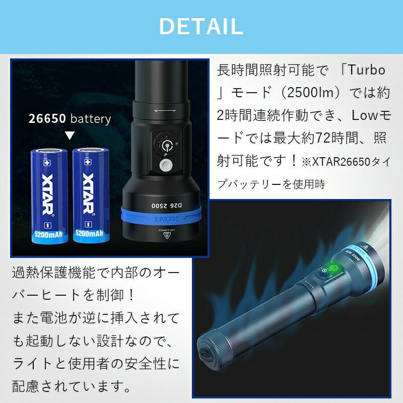 2500ルーメン ワイドタイプ水中ライト LED ダイビングライト 充電式