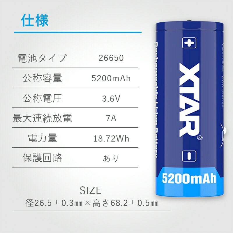 2本セット】26650リチウムイオン電池 5200mAh 3.6V 保護回路付き 電池