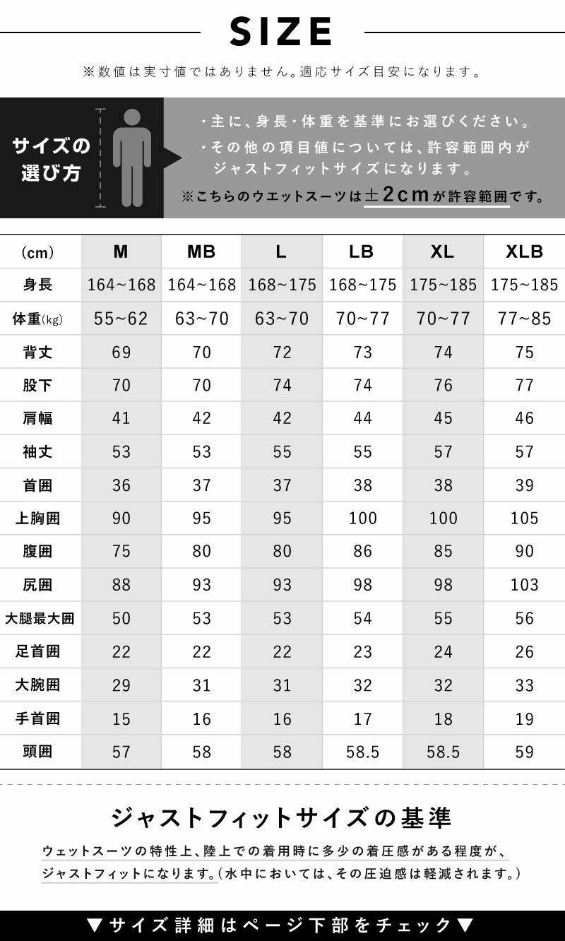 H*O様 4DIMENSIONS ウェットスーツ5㎜3㎜ Size Chart | 4Dウェットスーツ公式WEBサイト｜4Dimensions