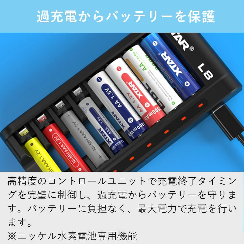 単3単4リチウムイオン電池急速充電器XTARL8エクスターバッテリー4本高速同時充電USB充電チャージャーニッケル水素電池対応
